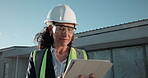 Tablet, woman and construction worker on site outdoor with research for building maintenance. Digital technology, email and mature civil engineer with feedback on repairs, renovation or remodeling.
