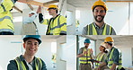 Collage, construction and people in building for high five, meeting and teamwork for remodeling. Architecture, portrait and men with women for planning, civil engineering and property renovation