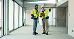 Engineer, team and talk at site with clipboard, blueprint and circuit inspection for construction. Men, electrician and point at worksite with checklist, electrical safety and building collaboration