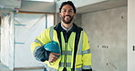 Construction, face or happy man on site with hardhat, contractor or ambition in building industry. Smile, confidence or engineer with ppe helmet, handyman or career pride in industrial development.