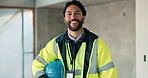 Construction, face or happy man on site with helmet, contractor or ambition in building industry. Portrait, confidence or engineer with ppe hardhat, handyman or career pride in industrial development