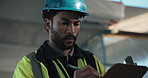 Man, thinking and construction worker with clipboard on site with documents for building repairs. Planning, checklist and civil engineer with paperwork for decision on maintenance or renovation.