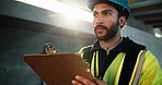 Thinking, electrician and writing at site with clipboard, inspection and compliance for construction. Lens flare, man and checklist at worksite for information, electrical report and building safety