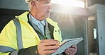 Tablet, thinking and man at construction site, development inspection or quality control with flare. Tech, mature person or engineer problem solving, building information modeling or safety checklist