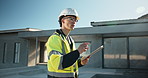 Man, thinking and construction worker with tablet on site with research for building repairs outdoor. Planning, technology and civil engineer with feedback for decision on maintenance or renovation.