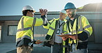 Architect, team and construction with high five for building success or winning together in site. Male people, civil engineer or group with touch for achievement, architecture project or completion