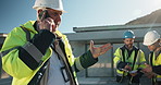 Phone call, man or talk at construction site, stress or development delay with building cost. Engineer, mature person and mobile for budget pressure, safety violation or inspection fail with sunshine