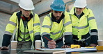 Engineer, team and writing at site with document, blueprint and circuit planning for construction. People, electrician or talk at worksite with paperwork, electrical system and building collaboration