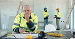 Mature, man and architect thinking with design for construction planning or building on site. Male person, contractor or civil engineer contemplating with layout for safety, security or maintenance