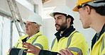 Architect, people or meeting with team for construction plan, maintenance or building inspection. Men, civil engineer or group of contractors talking for security or safety check together on site
