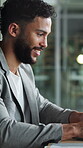 Reading, office and business man typing for financial report, research and budget proposal. Corporate, consultant and person on tech for finance review, wealth management and planning for investment
