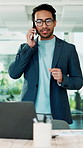 Phone call, laptop and businessman in office with communication for feedback on investment deal. Cellphone, computer and financial manager on mobile discussion for update on finance negotiation.
