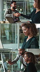 Team, handshake and happy people with tech in office, series or planning for pr campaign on website. Creative, montage and colleagues with computer, collaboration and shaking hands for media pitch