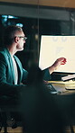 Night, computer and business man with graph for financial statistics, profit growth or risk assessment. Office, manager and mature person on tech for finance review, research and chart for investment