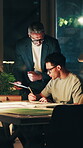 Architect, sketch and men with tablet at night, overtime or drafting layout with research on website. Architecture, collaboration and happy people with blueprint, working late and design with tech