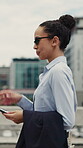 Travel, walking and phone with business woman in city for direction, location app and tourist. Social media, search and online map with person and mobile outdoor for navigation, network and journey