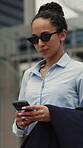 Travel, happy and phone with business woman in city for direction, location app and tourist. Social media, search and online map with person and mobile outdoor for navigation, network and journey