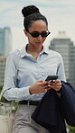 Travel, smile and phone with business woman in city for direction, location app and tourist. Social media, search and online map with person and mobile outdoor for navigation, network and journey