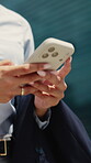 Travel, hands and phone with business woman in city for direction, location app and tourist. Social media, search and online map with person and mobile outdoor for navigation, network and journey