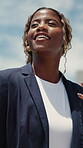 Travel, search and phone with business black woman in city for direction, location app and tourist. Social media, smile and online map with person and mobile for navigation, network and journey