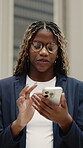 Travel, glasses and phone with business black woman in city for direction, location app and tourist. Social media, smile and online map with person and mobile for navigation, network and journey