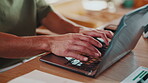 Remote work, typing and hands with laptop in home, digital marketing or ad campaign on social media. Freelancer, performance review and person with tech, graphs and marketer with research in house