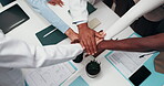 Medical, above or people in clinic with handstack, achievement or motivation in hospital teamwork. Huddle, collaboration or doctor with hands together, success or encouragement in healthcare support.