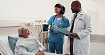 Doctor, nurse and patient in bed for consulting, surgery results and feedback for treatment. Hospital, tablet and people with woman for recovery, healthcare report and update for medical service