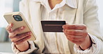 Hands, woman and credit card in office with phone, ecommerce, online payment for bookkeeping. Person, reading and mobile with bank info for purchase, finance security and password for investment fees