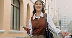 Headphones, dancing and businesswoman with cellphone in city for listening to music, radio or album. Happy, phone and corporate employee with audio tech for streaming playlist in town for commuting.
