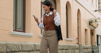 Phone, fist pump and businesswoman in city with texting, email or finance networking on app. Celebration, commuting and financial manager with cellphone for feedback on investment proposal in town.