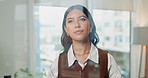 Thinking, window and business woman in office for planning, strategy and idea for marketing campaign. Creative, happy and person with reflection, inspiration and brainstorming for advertising pitch