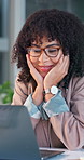 Reading, good news and businesswoman on laptop in office, info and financial development on website. Happy person, online and positive feedback on email, notification and investment banking with tech