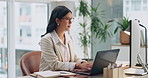 Office, creative and business woman on laptop for marketing proposal, research and strategy. Reading, typing and person on computer for planning, brand promotion and email campaign for advertising