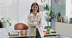 Laugh, business and face of woman in office with confidence, pride and career at relator agency. Happy, portrait and person with crossed arms for ambition, real estate agent and property consultant