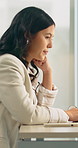 Woman, journalist and thinking with idea in office for online article, career ambition or story. Thoughtful, female person or contemplating for job reflection, daydreaming or journalism in workplace