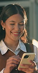 Laugh, text or businesswoman in city with phone, online chat or comic post on social media. Happy, digital and employee in town with tech, funny message and meme reaction on communication app.
