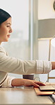 Online, copywriting and woman with laptop in business, research and planning for article on website. Email marketing, copywriter and person with technology, typing and social media campaign in office