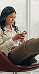 Woman, typing and office with phone for business chat, social media or network connection. Female person, employee or user texting with smartphone for break, conversation or chatting app in workplace