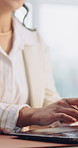 Online, copywriting and hands with laptop in business, research and planning for article on website. Email marketing, copywriter and person with technology, typing and social media campaign in office