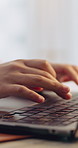 Person, hands and typing with laptop in office for journalism, online article or research. Closeup, journalist or writer with computer keypad for magazine publish, news or company report in workplace