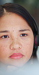 Call center, thinking and Asian woman with headset for online consulting, advice and feedback. Reading, computer and person with mic talking for virtual assistance, customer support and crm service