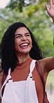 Excited, woman and student outdoor with high five, greeting and interaction for education. Smile, person and walk at campus with hand gesture, acceptance and welcome classmate for learning at college