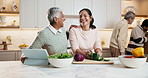 Family, cooking and laughing with tablet in kitchen for funny joke, humor or meal prep together. Mom, grandma or smile with technology or ingredients for comedy, organic cuisine or bonding in home
