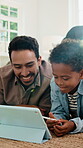 Elearning, child and dad with tablet in home, laughing or watching educational video in living room. Streaming, knowledge and happy man with kid in lounge, growth and development with tech in house