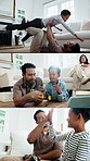 Child, father and bonding with games for robotics, tablet or online tutorial for toy car in home. Montage, son and dad with flare and tech for high five, controller and celebration together for fun
