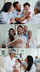 Bonding, montage or family in home with baby, tender moment or loving connection on weekend break. Face, senior parents or happy people with infant, good mood or healthy relationship on day off.