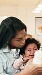 Mom, baby or crying with bottle for comfort, hunger or physical discomfort with teething. Child development, mother or console unhappy infant in home with care, colic or formula milk for gum pressure