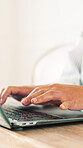Remote work, home and hands with laptop, typing and research for article publication or copywriting. Freelancer, online and person with technology, email marketing and editing blog post in house