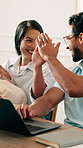 Happy, couple and laptop at house with high five, good news and success of loan approval. People, baby and celebration in home with pc, savings achievement and credit application for finance funding